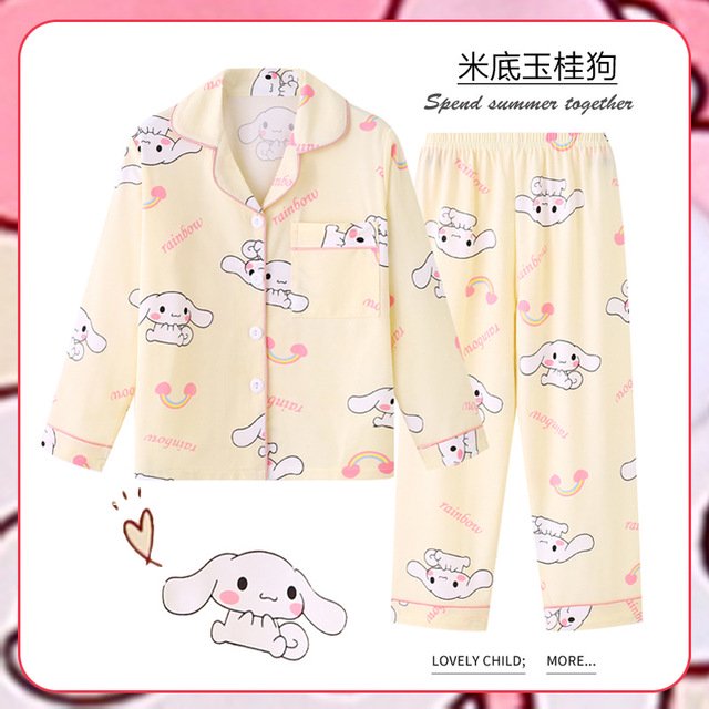 Pijamas Sanrios Kawaii Anime Mymelody Kuromi Cinnamoroll conjunto de dibujos animados de manga larga para niños ropa de casa para niñas de primavera y otoño