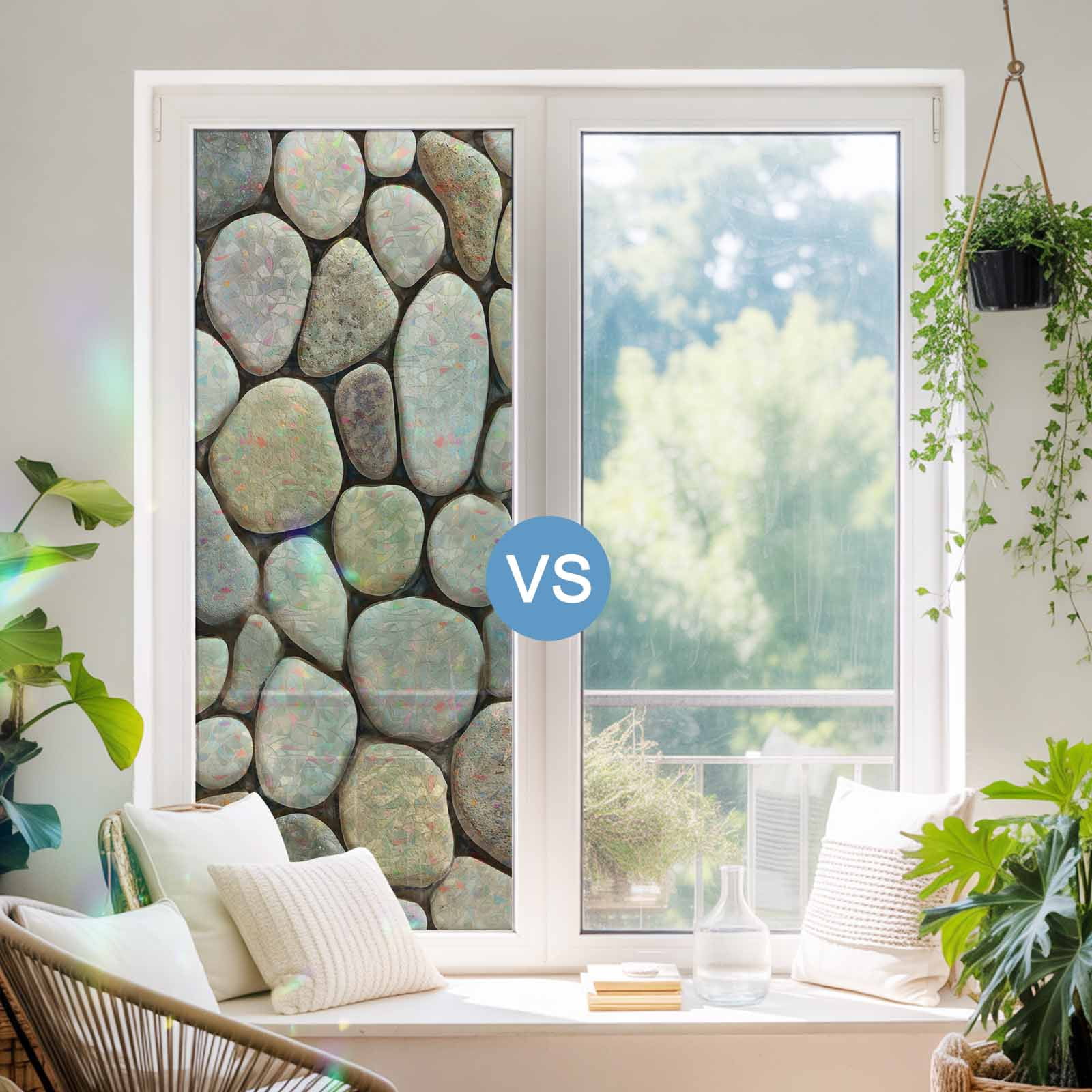 Cobblestones Window Privacy Film Stain Glass,Reusable Decorative Rainbow Window Film,Natural Stones Gravel Rock Aesthetic Art Static Cling Sun Blocking Stickers Decals Covers 23.6" x 78.7" (2pcs)