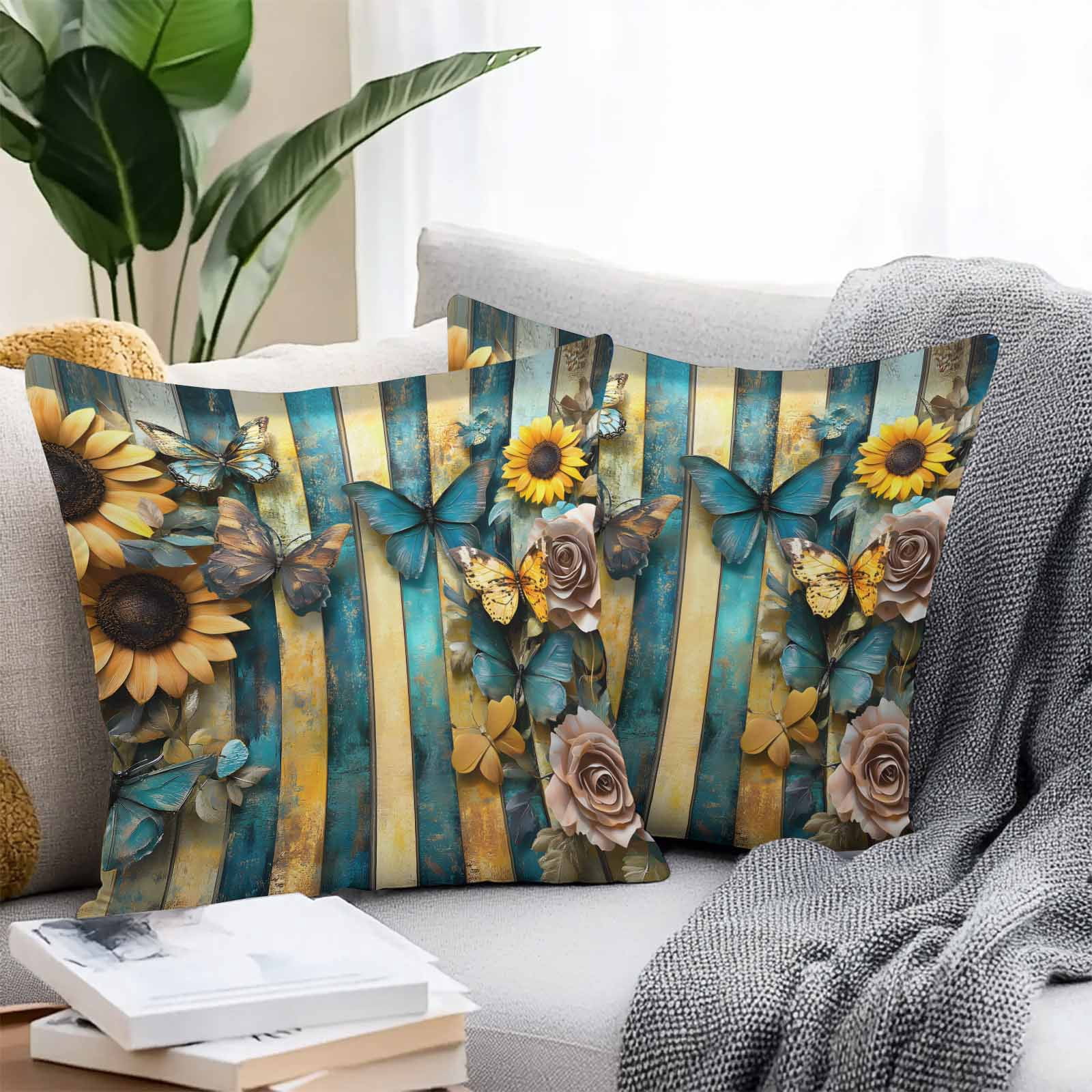 Outdoor Throw Pillows Covers 18X18 Set of 2 Waterproof Vintage Decorative Zippered Cushion Covers for Patio Furniture, Butterfly Sunflower Rose Striped Lumbar Pillowcases Yellow Blue