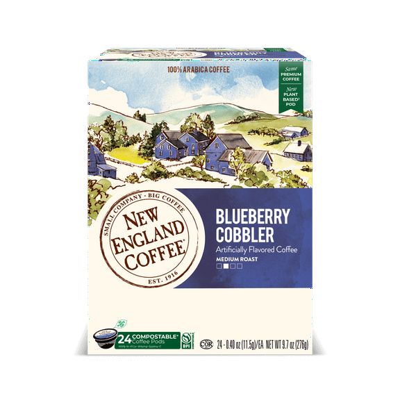 New England Coffee Blueberry Cobbler Blend Medium Roast, Single Serve Pods, 24 Count