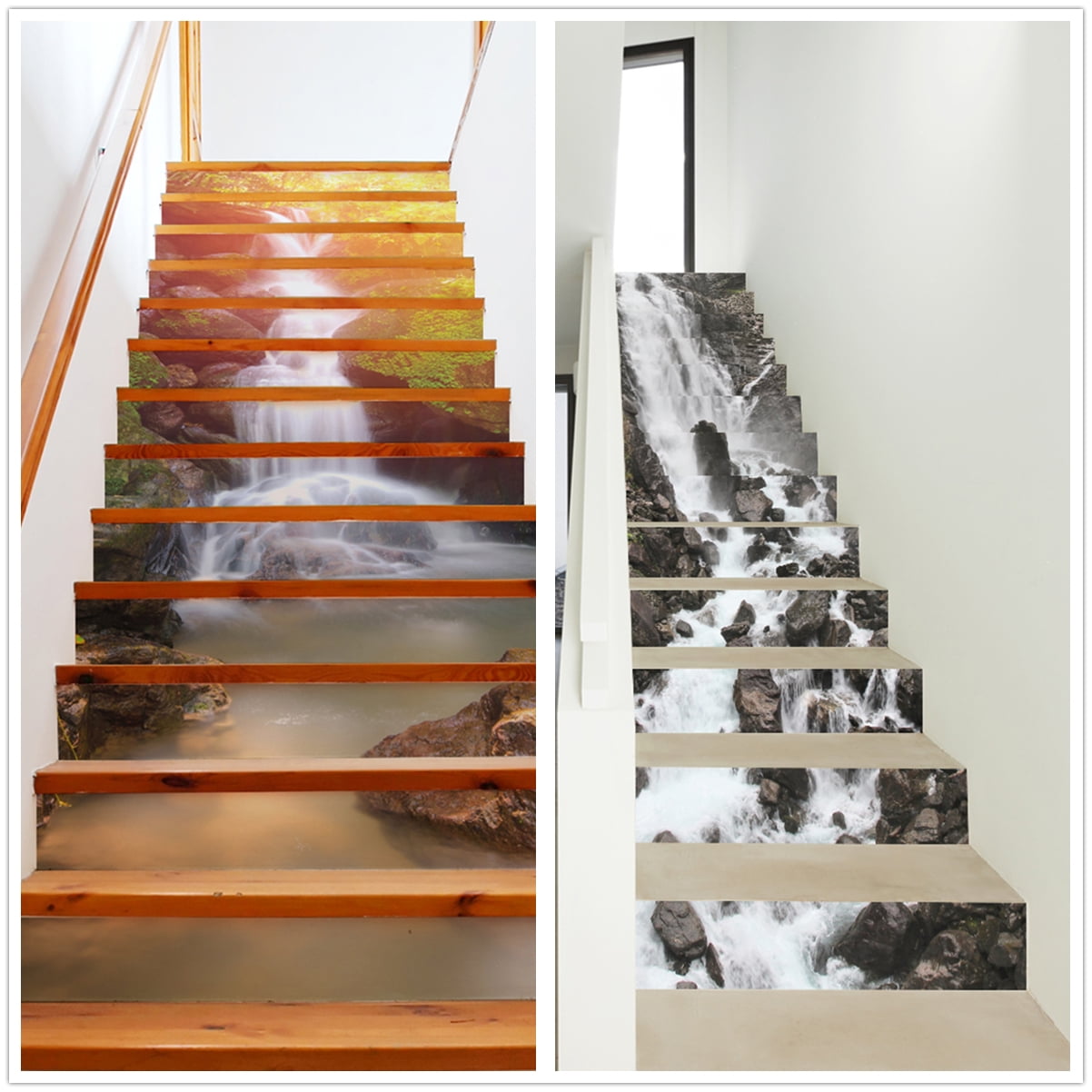 13Pcs 3D Waterfall Stone Patterns Stair Sticker Self-adhesive Staircase Stickers 