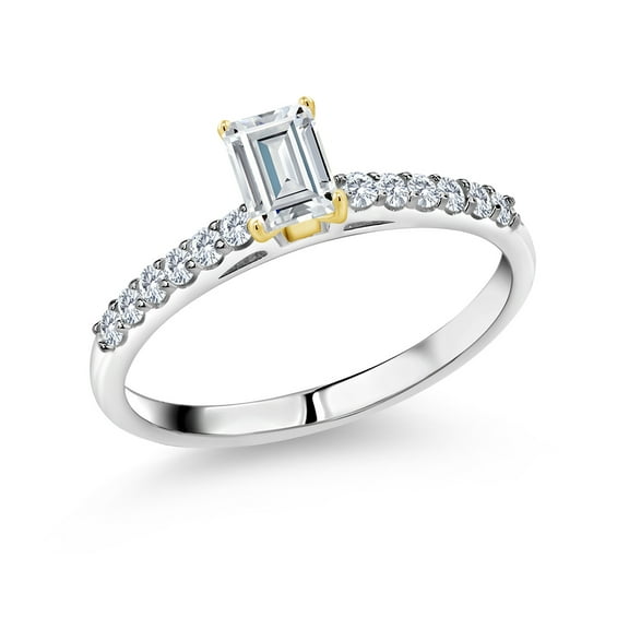 Gem Stone King 925 Sterling Silver Ring with 10K Yellow Gold Prongs Lab Grown Diamond Set with Emerald Cut Moissanite (0.76 Cttw, Size 5)