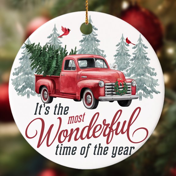 Funny Red Truck Christmas Tree Ornament, It’s the Most Wonderful Time of the Year Ceramic Ornament for Christmas Tree Hanging Decorations Gift, Truck Lover Gifts, Holiday Party Present
