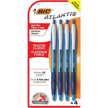 BIC Atlantis Original Retractable Ballpoint Pen, Medium Point (1.0mm), Blue, 4 (Best Blue Fountain Pen Ink)