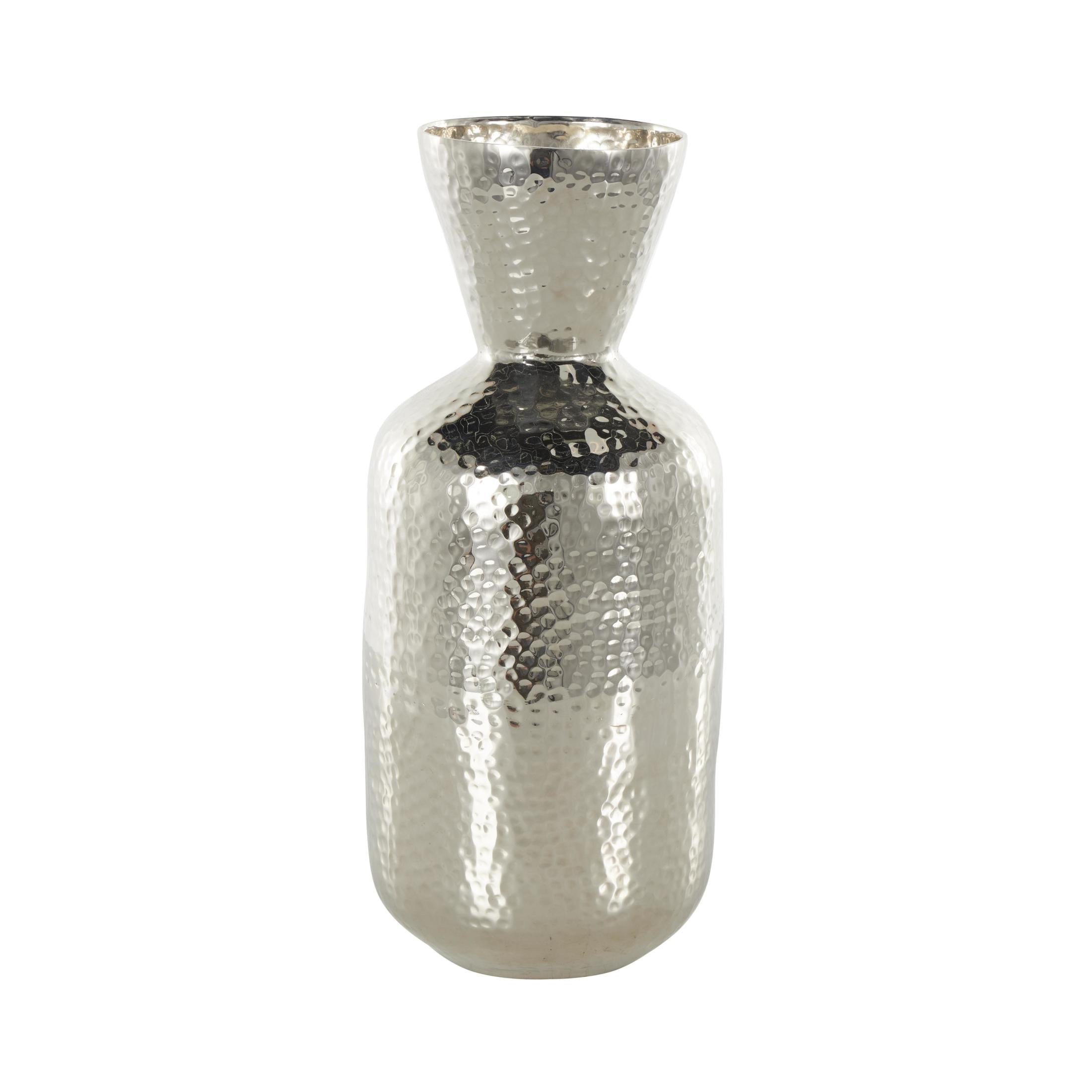 DecMode 14" Hammered Silver Aluminum Metal Vase with Cone Shaped Opening