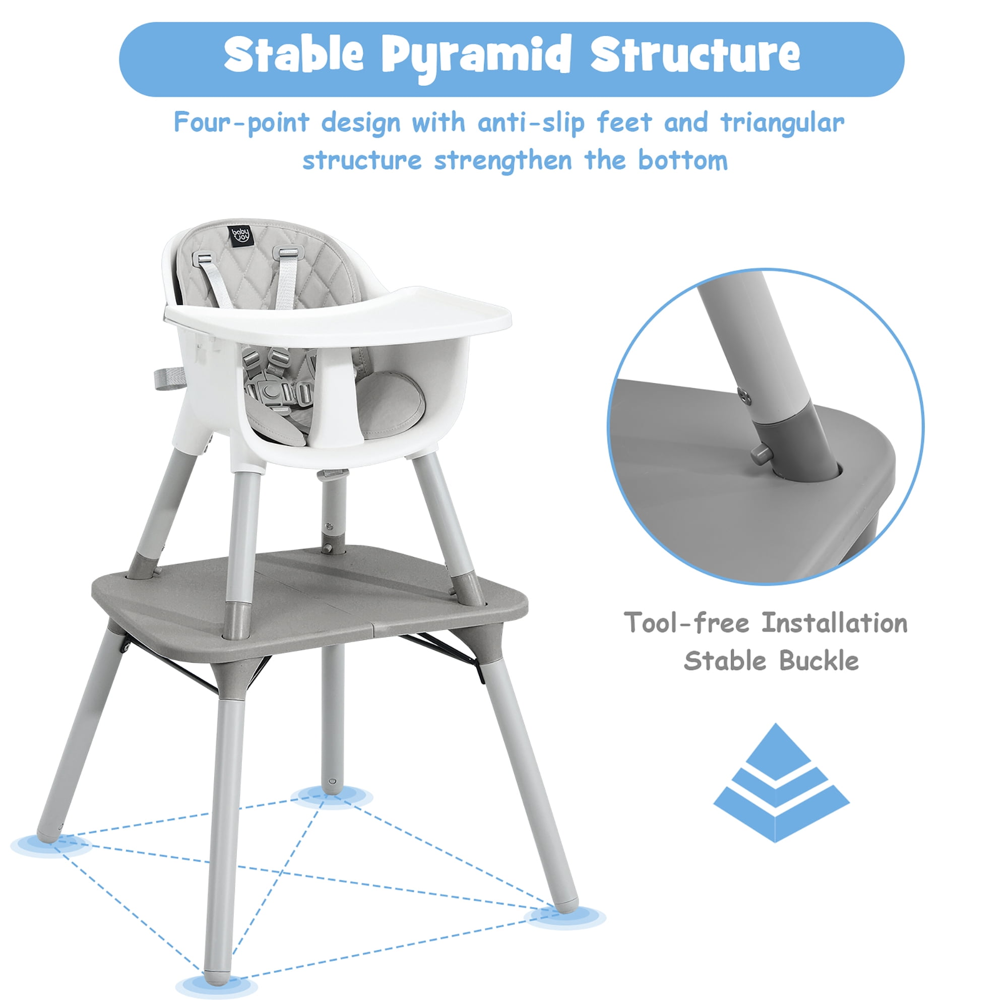 Babyjoy 4 in 1 Baby High Chair Convertible Toddler Table Chair Set with PU Cushion Gray