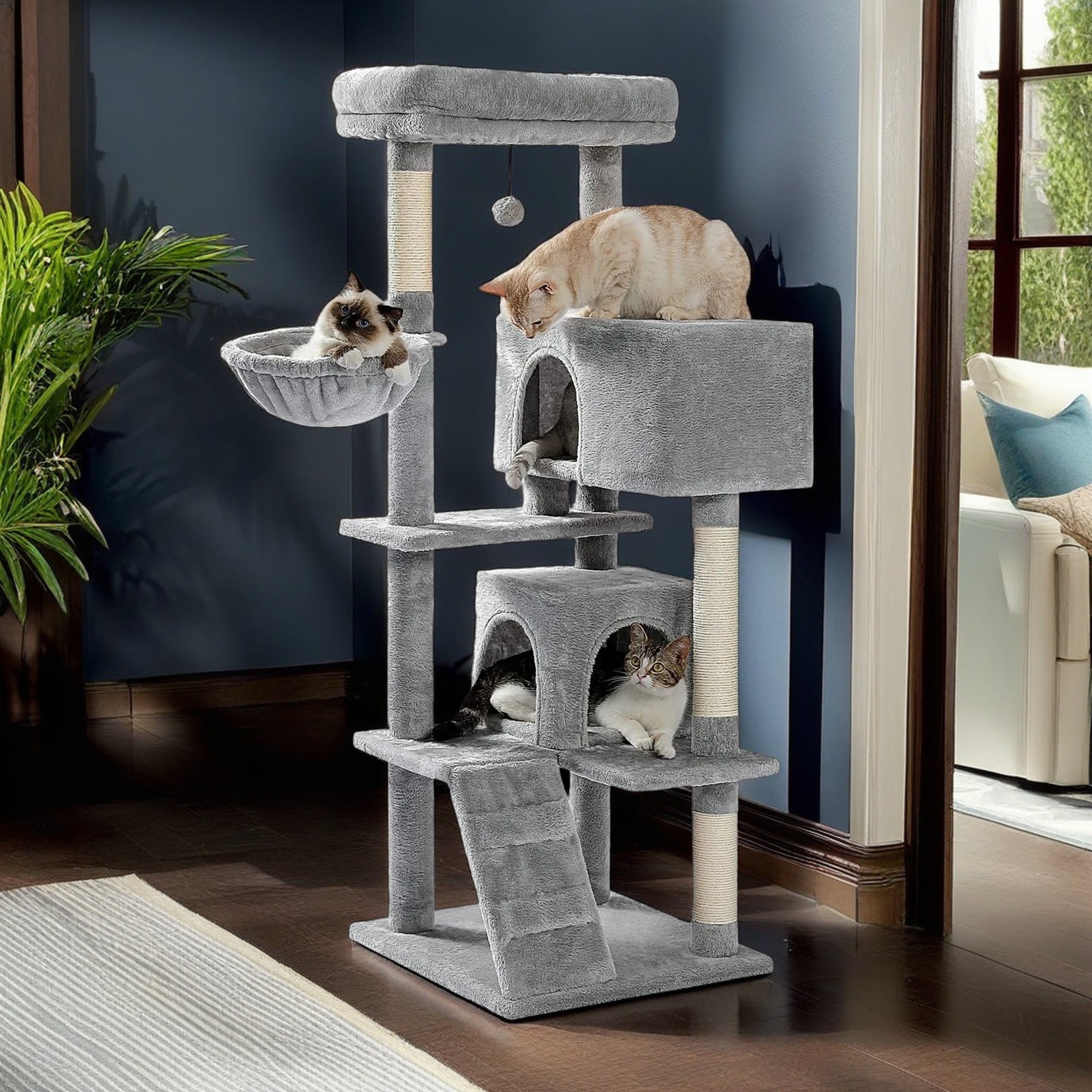 resenkos 56" Multi-Level Cat Tree Tower for Large Cats with Top Perch, Hammock, Climbing Ladder and 2 Condos, Cat Tree House for Multiple Cats, Dark Gray