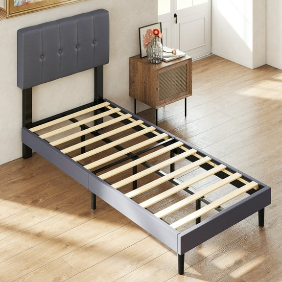 GIANNA Twin Size Platform Bed – Fabric Upholstered, Sturdy Wood Slats, No Box Spring Needed, Grey