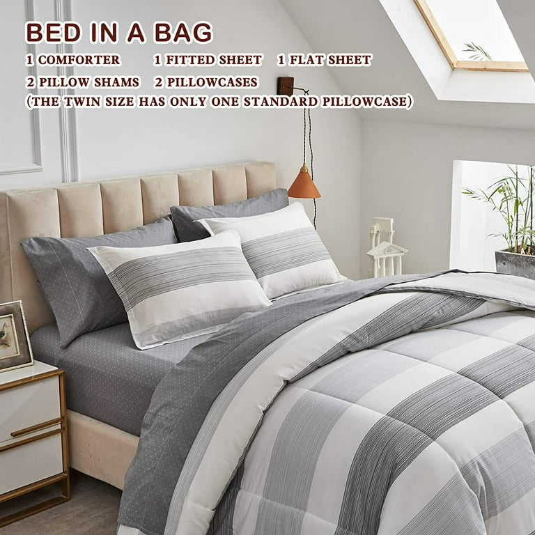 Bedsure Bed in a Bag Twin Size 5 Pieces, Warm Taupe White Striped Bedding  Comforter Sets All Season Bed Set with 1 Pillow Sham, Flat Sheet, Fitted