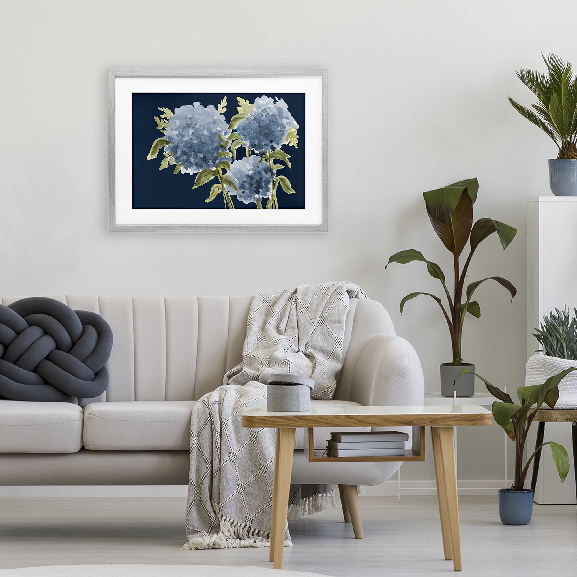 Stupell Industries Blue Hydrangeas on Indigo Gray Framed Print Under Glass, design by Janice Gaynor