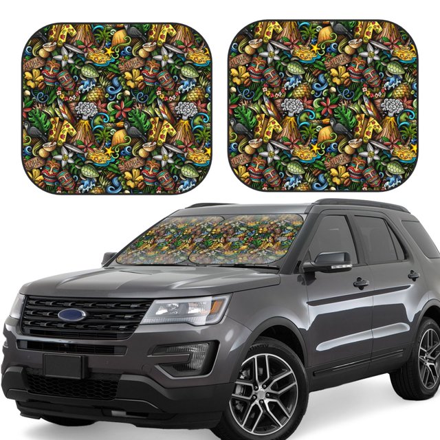 Balery Hawaiian Culture Symbols Parasol para parabrisas de coche de 2 piezas | Parasol plegable para parabrisas delantero de coche para la mayoría de sedanes-Medium