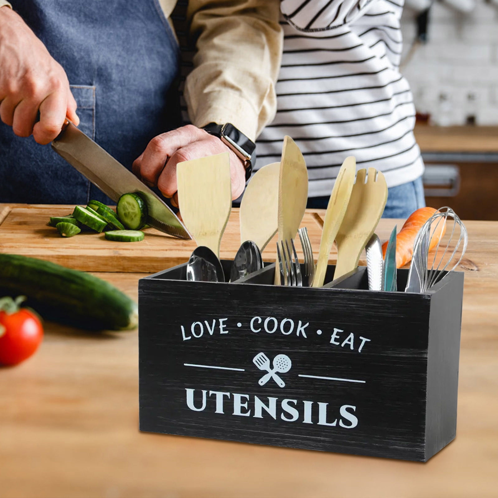 Extra Large Wooden Utensil Holder - 4-Compartment Countertop Organizer for Cooking Tools, Rustic Farmhouse Kitchen Decor - Housewarming Gift for Home Chefs