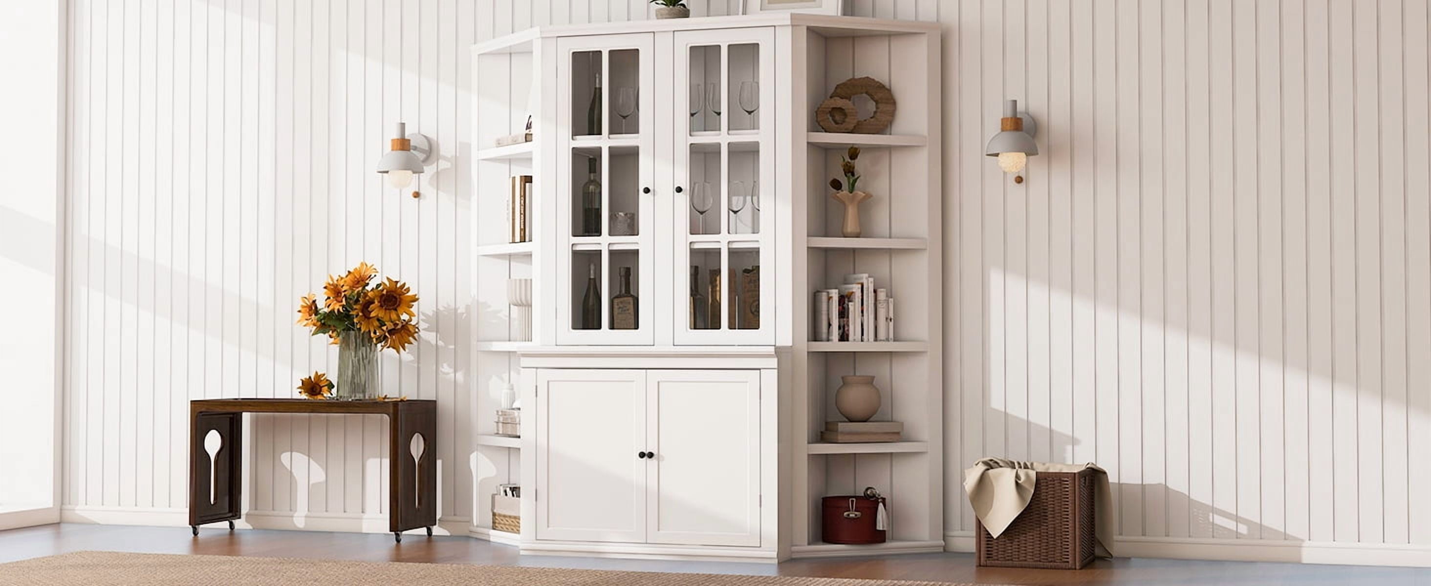 Euroco 75.25'' Tall Display Cabinet and Two Triangle Sided Bookshelves, 69.25'' Wide Retro Style Wall Suit with Glass Doors, for Hallways, Living room, Office, Studio or Workspace - White