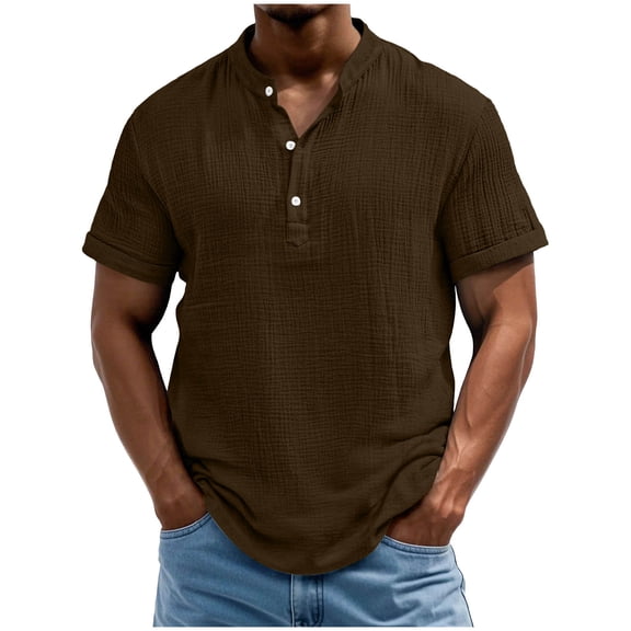 Mens Cotton Linen Summer Tops, Short Sleeve Shirts for Men Lightweight Casual Solid Color Button Up T-Shirts