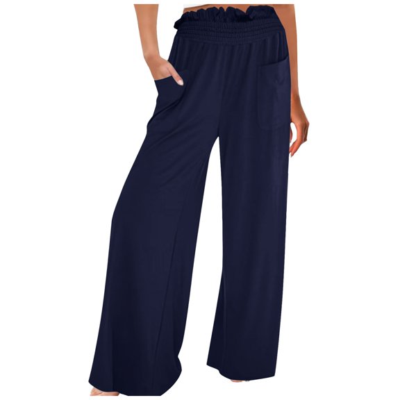 QHFBli Wide Leg Pants for Women High Wasited Baggy Palazzo Pants Casual Pull On Bell Bottom Smocked Elastic Waist Pants