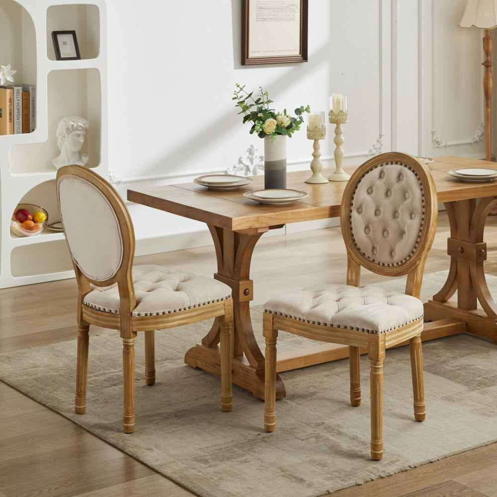 French Style Dining Chairs Set of 2, Velvet Upholstered Wood Dining Room Chairs with High Backrest, Nailhead Trim, Tufted Cushion, Beige