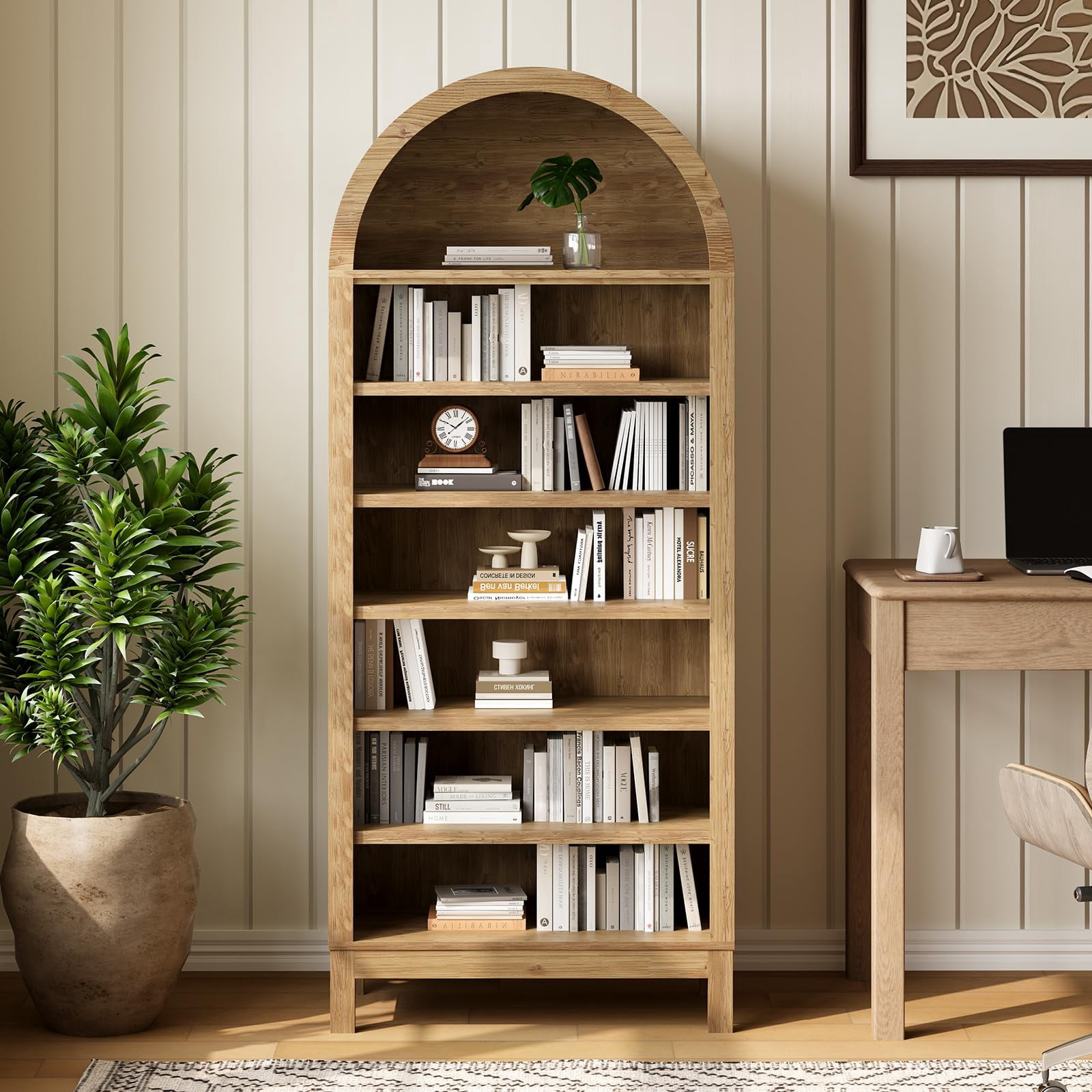 Litake 71in Tall Arched Shoe Cabinet, 7-Tier Wooden Shoe Rack with Adjustable Shelves, Freestanding Display Shelf Storage Organizer for Entryway Hallway Living Room, Natural