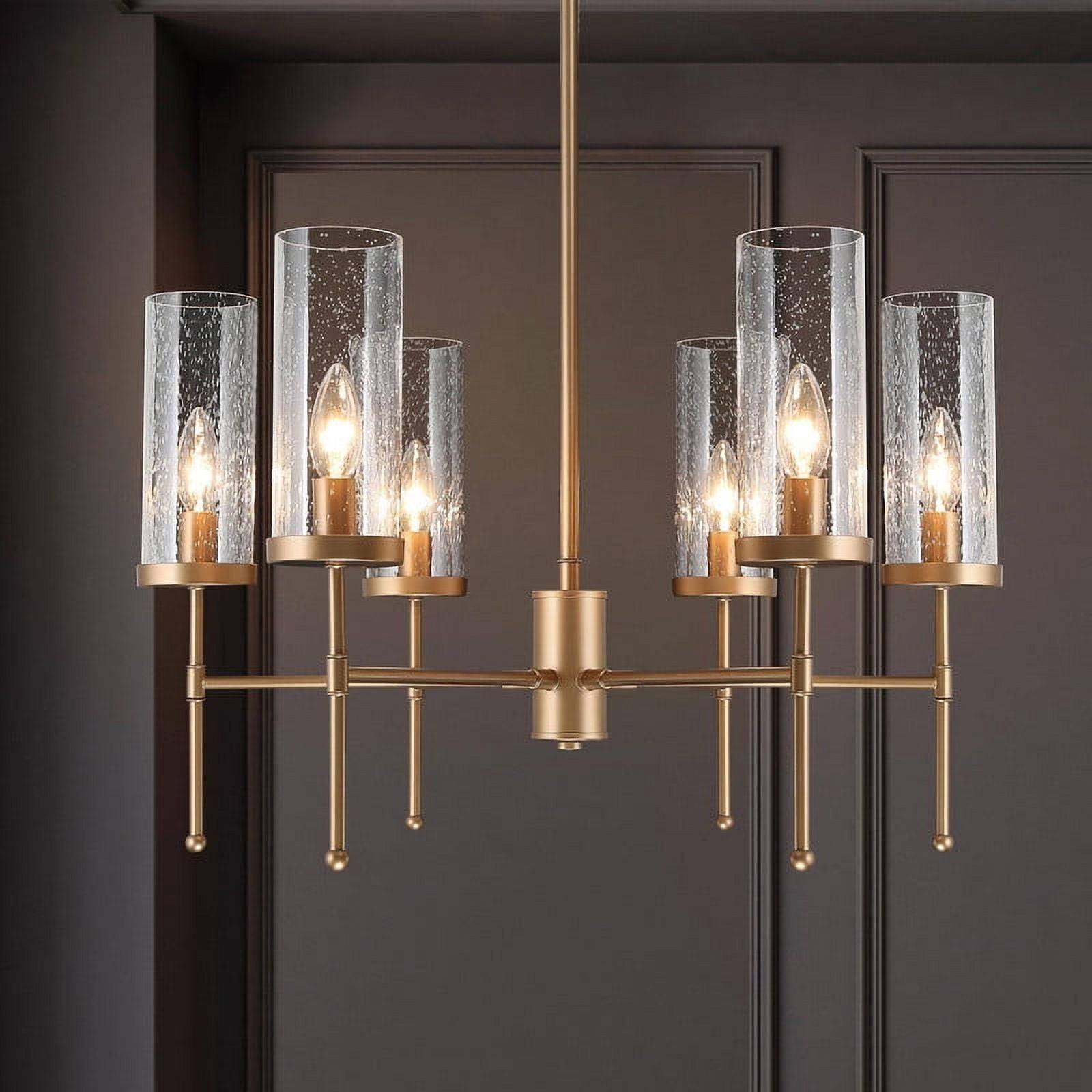 LNC 6-Light Matte Gold Cylinder Chandelier with Seeded Glass for Kitchen Island