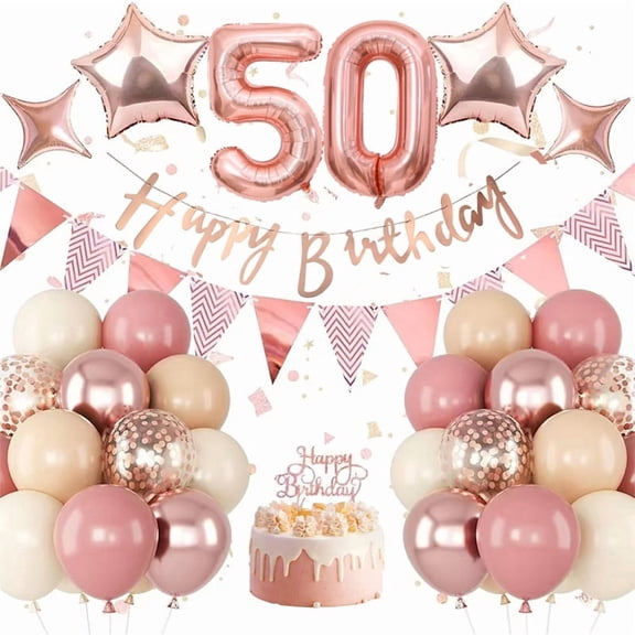 50th Birthday Decorations for Women, Retro Pink Number 50 Balloon Set, Happy Banner, Topper, Rose Gold Star Balloons for Women 50 Year Old Party Decor