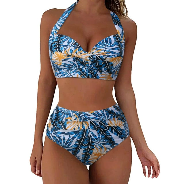 Gibobby Conjunto de Bikini Traje de baño de talle para mujer Sexy Split Wrap Cup Polka Dot Printed Bikini(Amarillo,M)