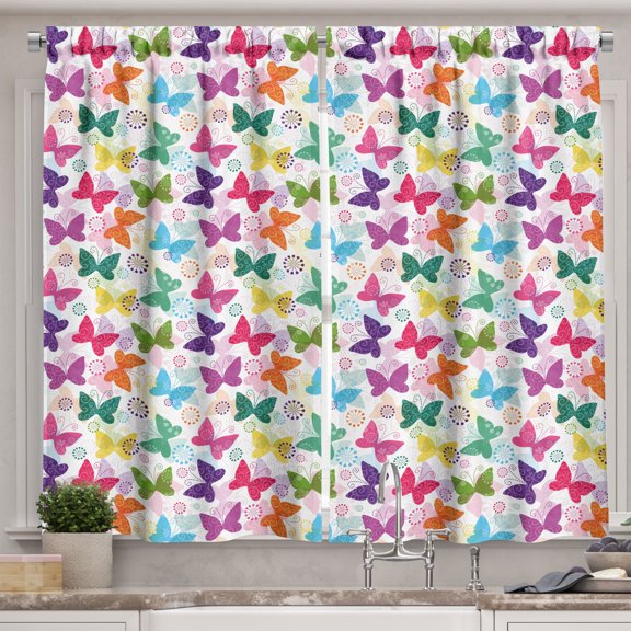 Ambesonne Butterfly Kitchen Curtains, Vibrant Floral Happy, 55"x39", Multicolor