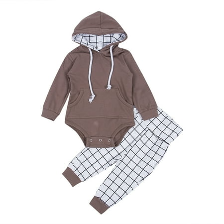 

Musuos Baby 2PCS Outfit Set Long Sleeve Straps Hoodie Solid Color Romper Long Plaid Printed Wide Elastic Band Pants Set