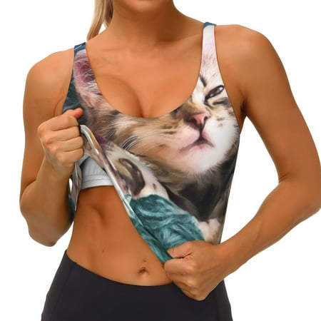 Qokaie Playful Cat Pattern Womens Scoop Neck Sports Bra Breathable Workout Vest Padded U Back Medium Impact Fitness Gym Yoga Bra Workout Crop Top