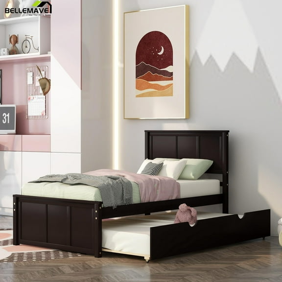 Bellemave Twin Size Platform Bed with Trundle and Headboard, Wood Twin Size Frame Twin Bed with Pull Out Trundle, Espresso