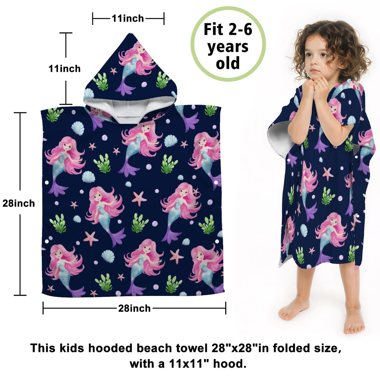 Hooded Kids Beach Towels - Toddler Bath Towel Girls Boys Swimming Cover-ups for Ages 2 to 6 Kids Pool Towels Quick Dry Lightweight Soft Microfiber Poncho Towel 28x28 (Mermaid Seashell)