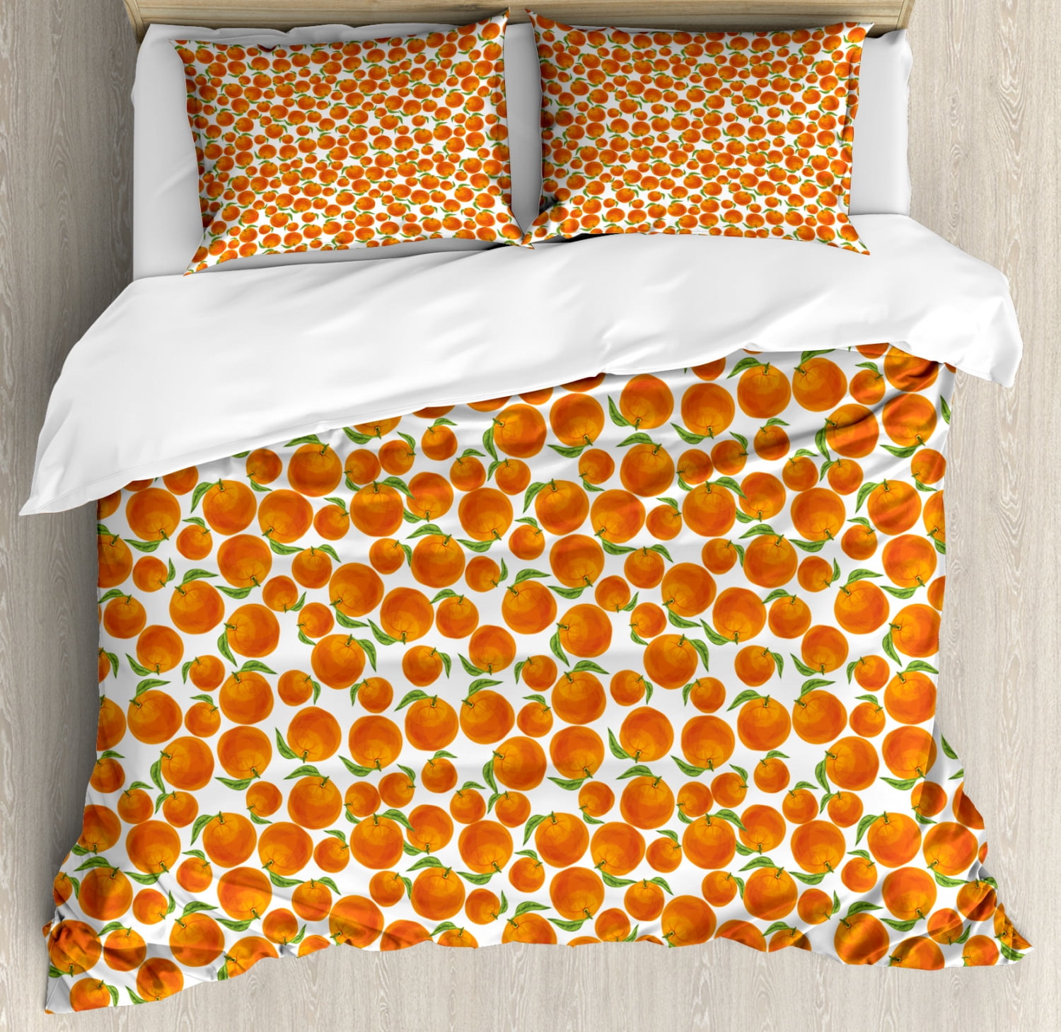 Tangerine Duvet Cover Set, Pattern of Hand Drawn Organic Juicy Oranges