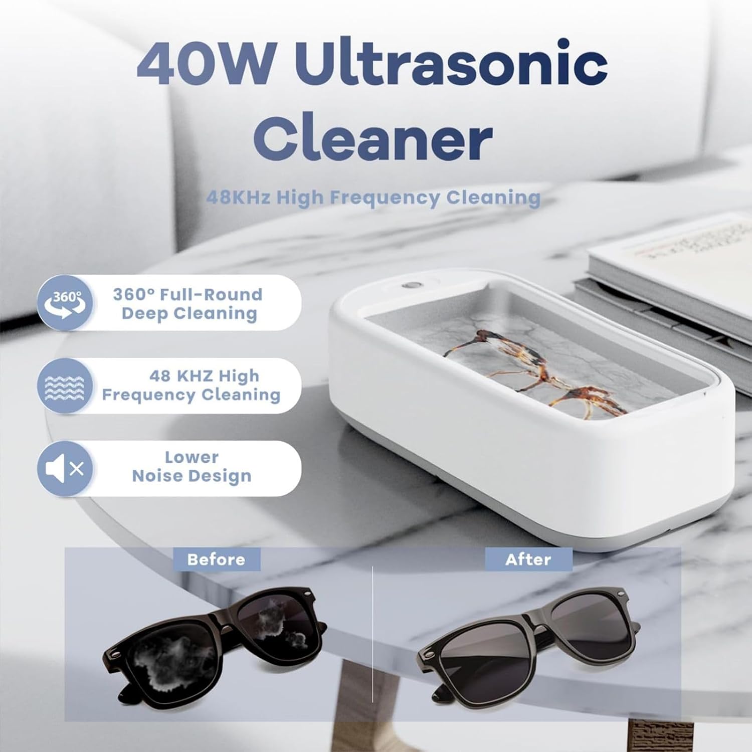 Multi-functional Sonic Cleaner, Powerful 40W Ultrasonic Jewelry Cleaner Machine, 640ML Large Tank for Glasses, Rings, Watches, Dentures, Razors & More