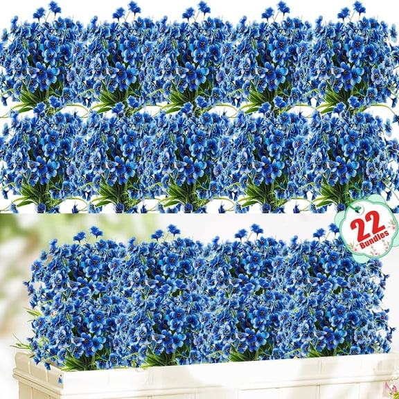 22 Pack Artificial Flowers Outdoor Fake Plants, Faux Flowers UV Resistant with Plastic Plants, Faux Silk Flowers for Outdoors Outside Front Porch Hanging Planter Window Box Garden Decoration(Blue)