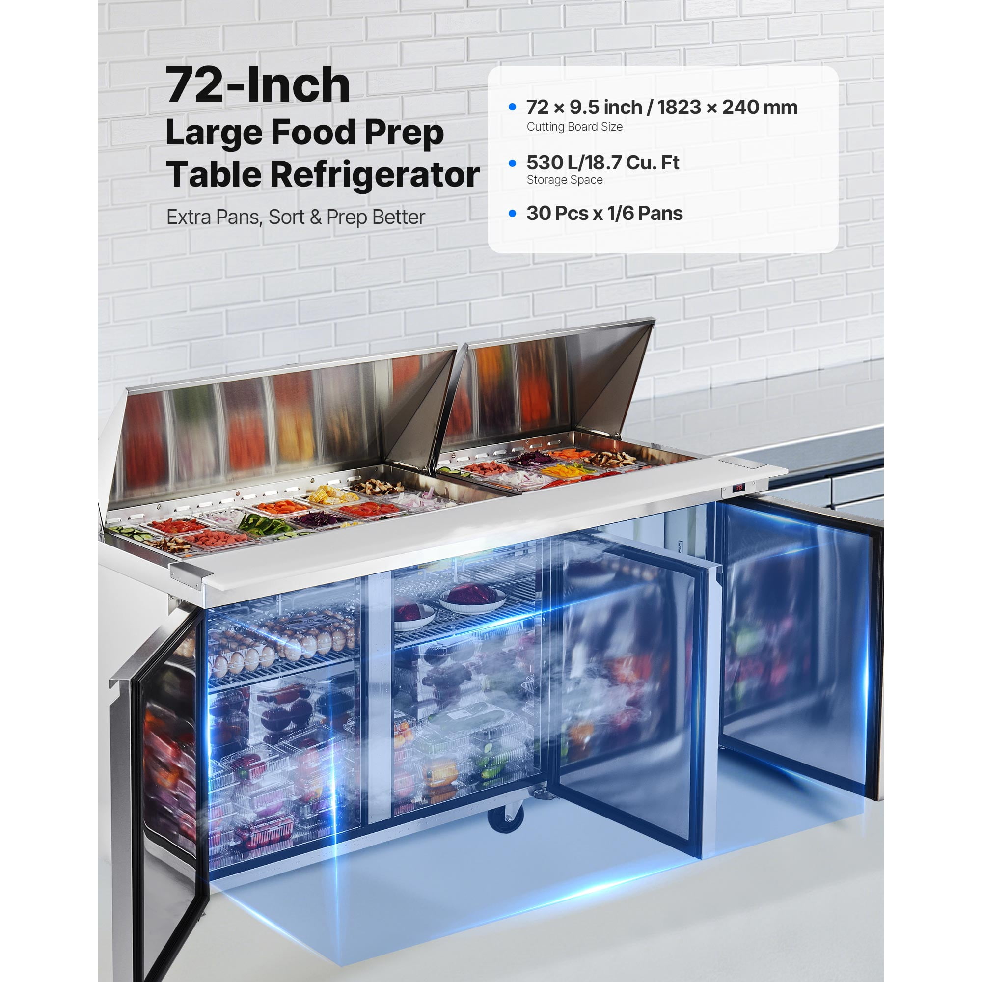 KFFKFF 72"W Commercial Refrigerator, 18.7 Cu. Ft Sandwich Prep Table, Food Prep Fridge with 30 Pans and Cutting Board, Stainless Steel Salad Prep Cooler for Restaurant and Food Truck