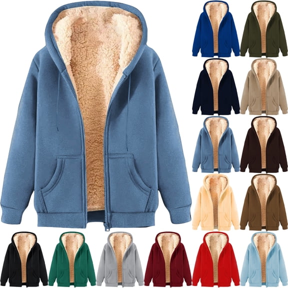 Women's Fleece Lined Hoodie Zip Up Winter Warm Hooded Sweatshirts Cozy Jacket Coat Women Loose Long Sleeve Solid Sweatshirt With Drop Shoulder Sleeves