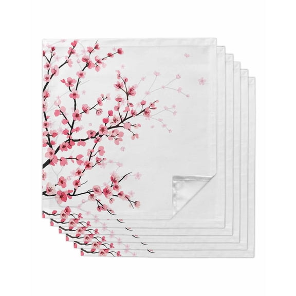 Cherry Blossom Cloth Napkins Set of 6 Reusable Dinner Napkins, Spring Pink Floral Branches Watercolor Cocktail Napkin Washable Table Napkins for Wedding/Holiday Party/Baby Shower 20"x20"