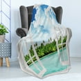 thumbnail image 4 of Tropical Soft Flannel Fleece Throw Blanket, Cloudy Sky and Exotic Forest near Calm Ocean Open Window Summer Scene, Cozy Plush for Indoor and Outdoor Use, 70" x 90", Aqua Green and Blue, by Ambesonne, 4 of 5