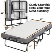 Folding Bed with Mattress 75 x 38 Twin Folded Bed, Rollaway Guest Bed Portable Foldable Extra Bed for Adults Daybed with 5 Memory Foam Mattress Space-Saving Sturdy Metal Grid Frame