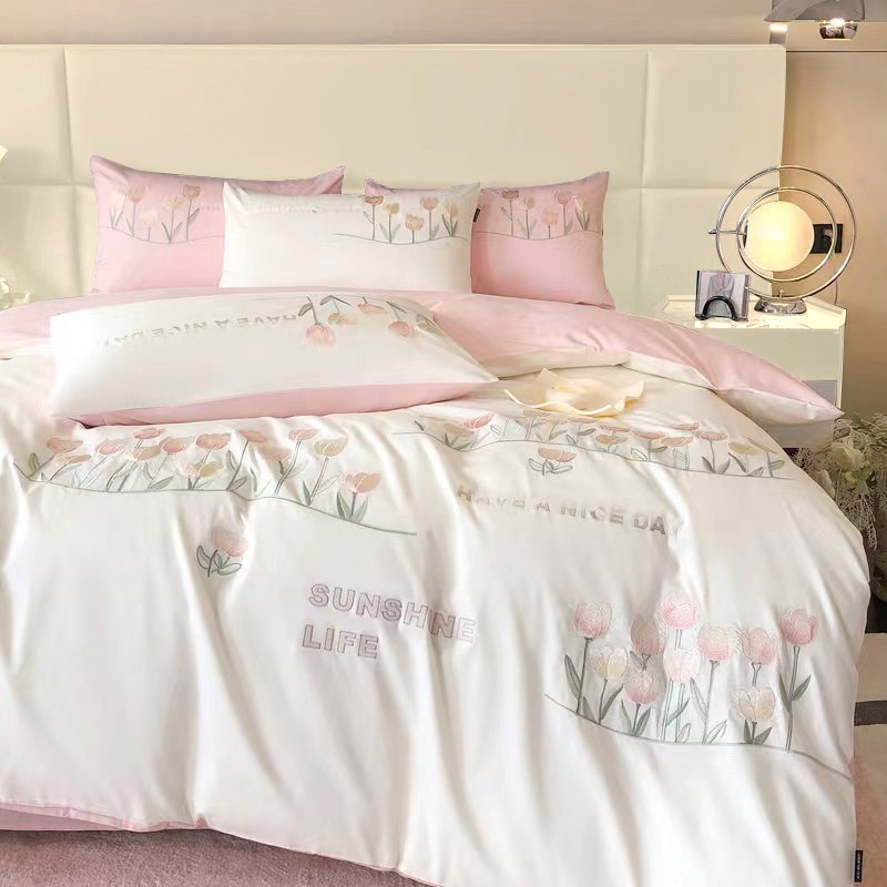 100% Cotton Duvet Cover Set 3Pcs Queen Exquisite Embroidery Pink Comforter Cover 2 Pillowcases Soft Breathable
