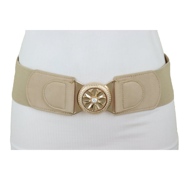 Women Beige Elastic Fashion Belt Gold Metal Flower Buckle S M