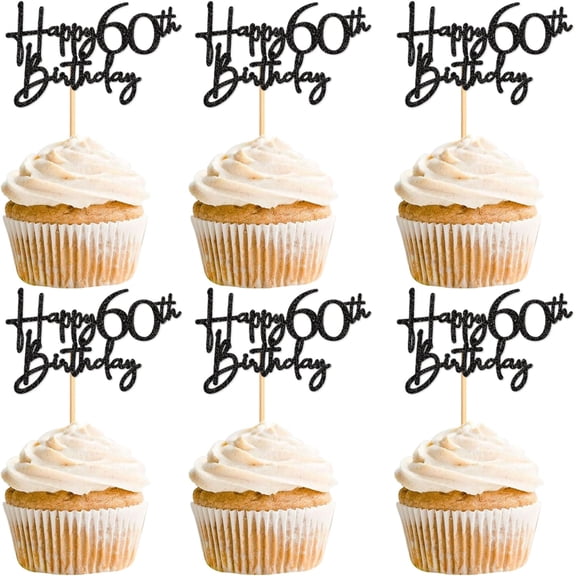 Black Glitter Happy 60th Birthday Cupcake Toppers, 12 Pack 60th Birthday Party Picks, 60th Anniversary Cake Decor Supplies