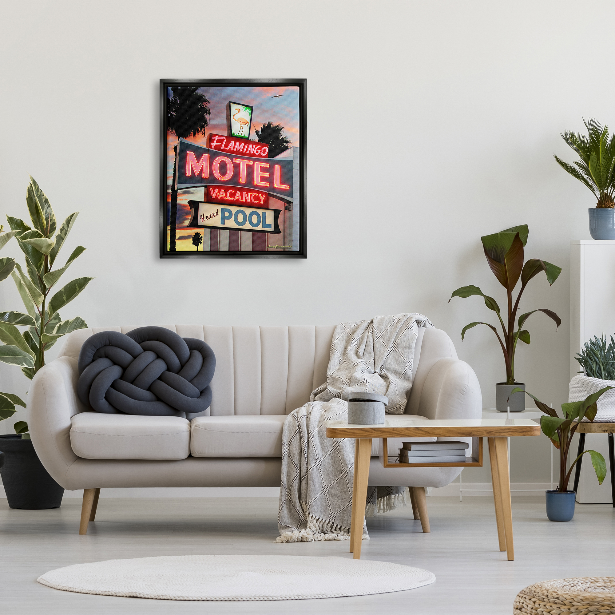 Stupell Industries Tropical Flamingo Motel Nature Painting Black Floater Framed Canvas Art Print Wall Art, 25 x 31