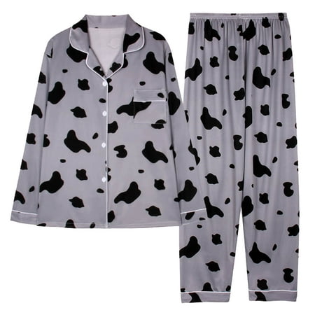 

Wyongtao Black and Friday Deals Women s Pajama Sets Long Sleeve Button Down Sleepwear Nightwear Soft Print Pjs Lounge Sets Gray L