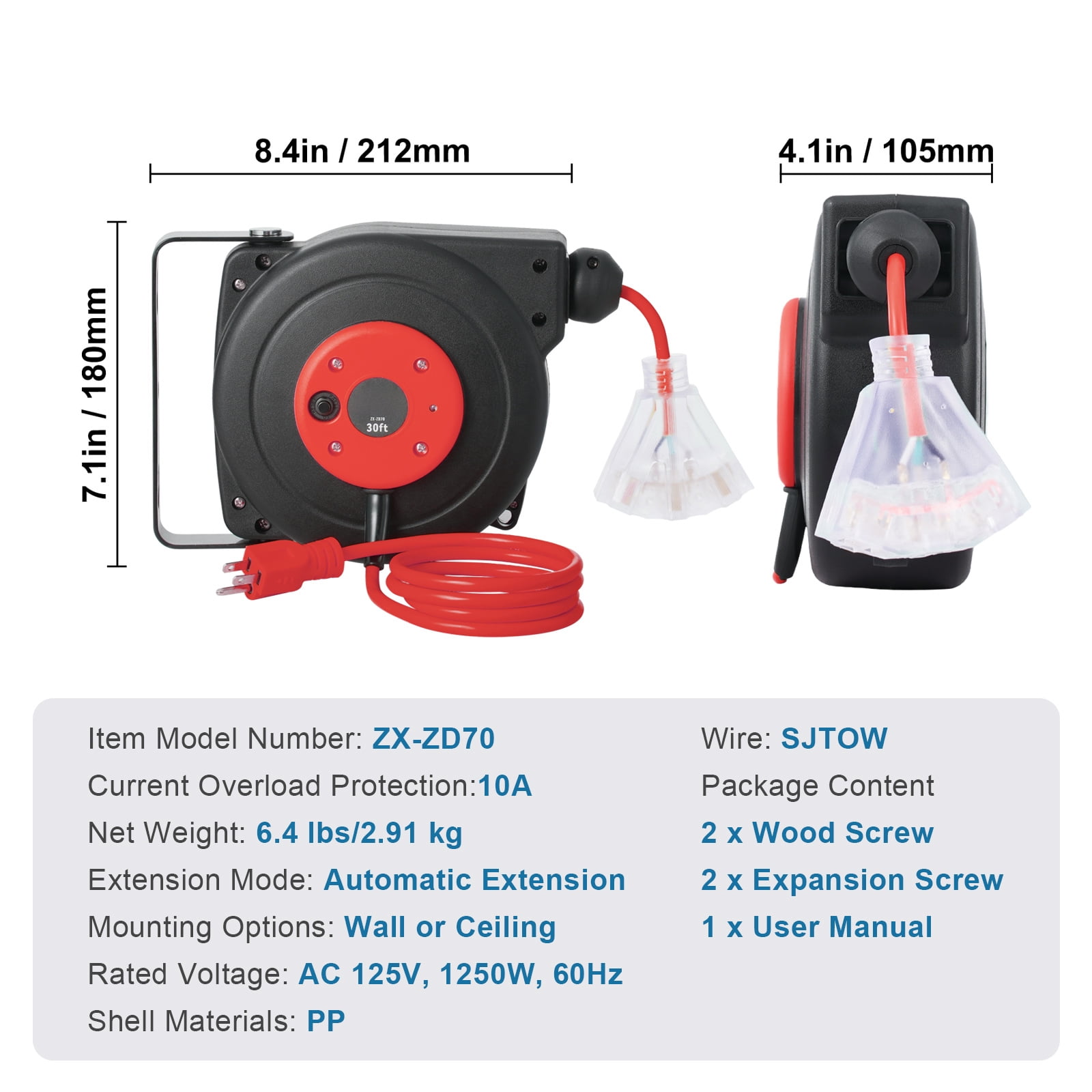 トリプルX 2箱 KFFKFF 30 ft Pull-Out Power Cable Reel, 16AWG/3C SJTOW Retractable