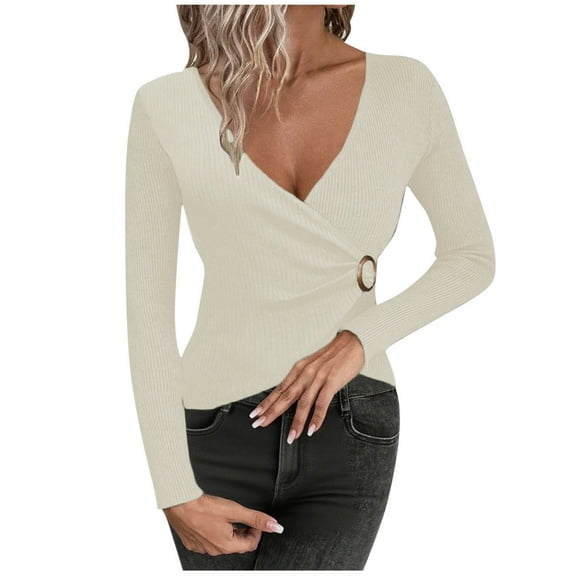 VEKDONE Womens Long Sleeve Shirts Sexy Wrap V Neck Sweaters Ribbed Knit Slim Fit Tops Fall Stretchy Comfy Knitted Sweater Casual Lightweight Pullover Tops