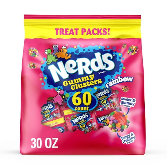 NERDS Gummy Clusters, Candy Treat Packs, Rainbow, Crunchy and Gummy, 30 oz (60 ct)