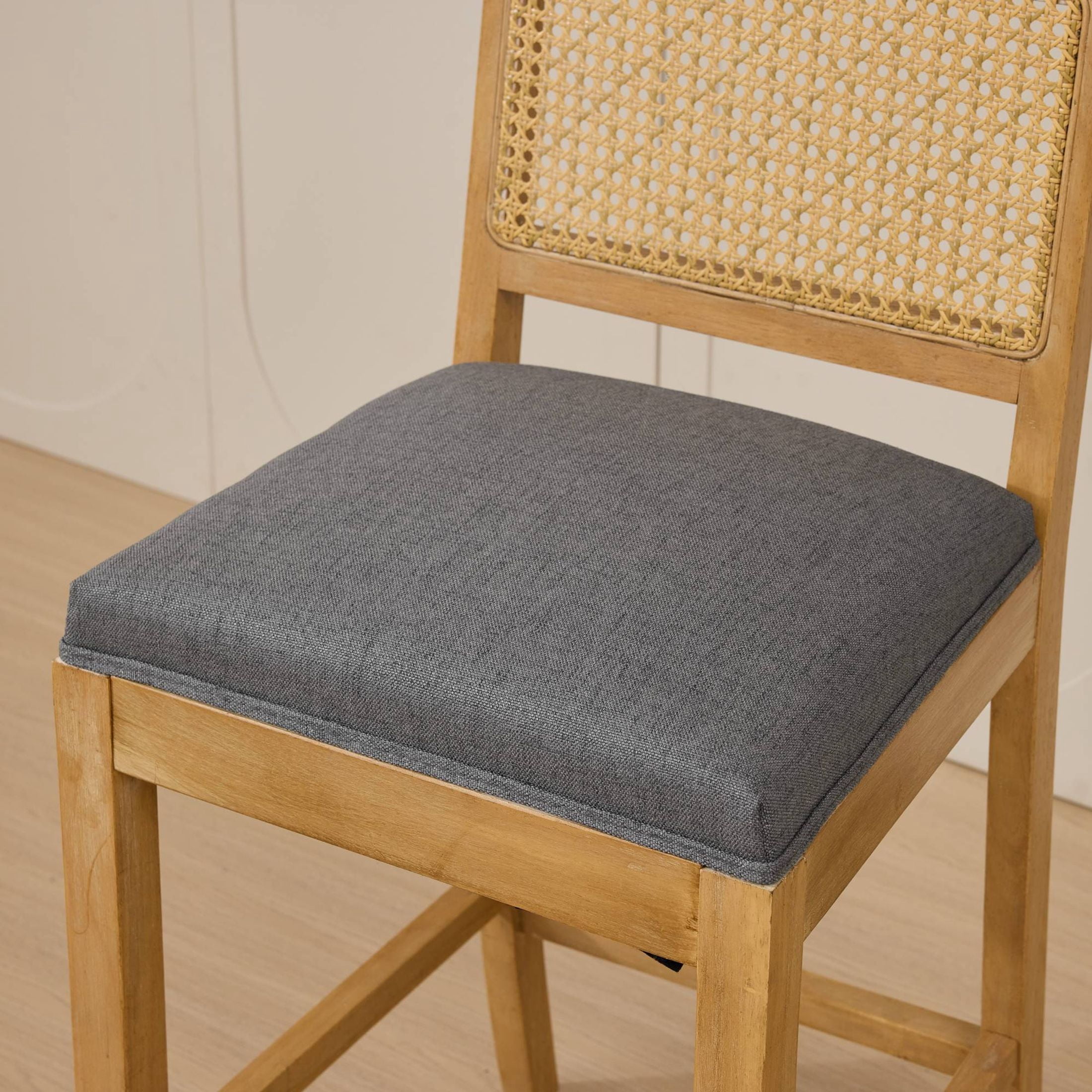 Noble House Set of 2 Rattan-Back Bar Stools, Linen Cushion, Solid Wood Frame, Gray