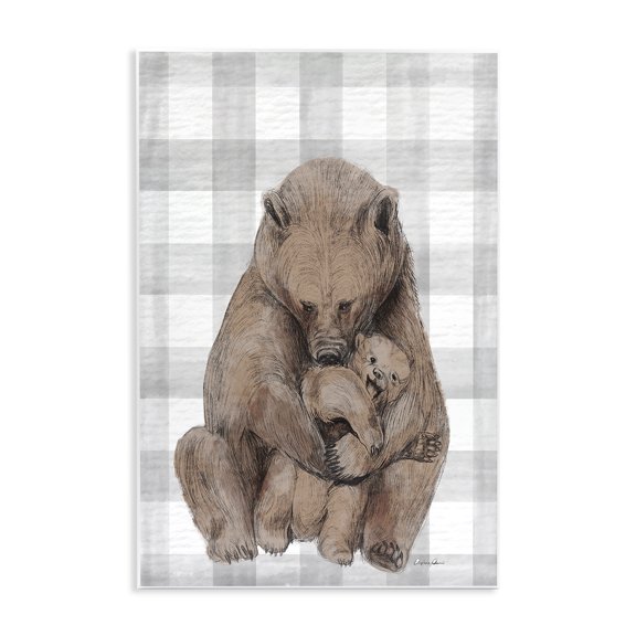 Stupell Industries Farmhouse Bear and Cub Grey Plaid Wall Plaque Art, 13 x 19, by Lil' Rue