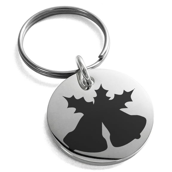 Stainless Steel Christmas Bells and Holly Silhouette Engraved Small Medallion Circle Charm Keychain Keyring