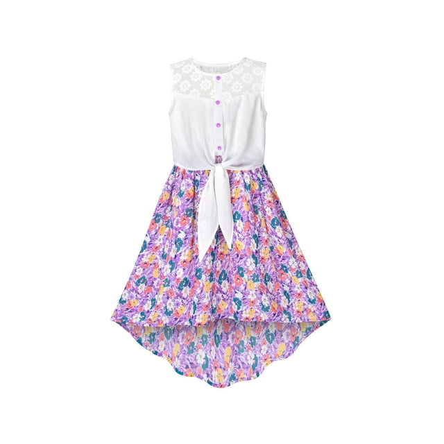 Robe Fille Chiffon Dentelle Florale Asymétrique Ceinture Taille Fête Été 10 Ans