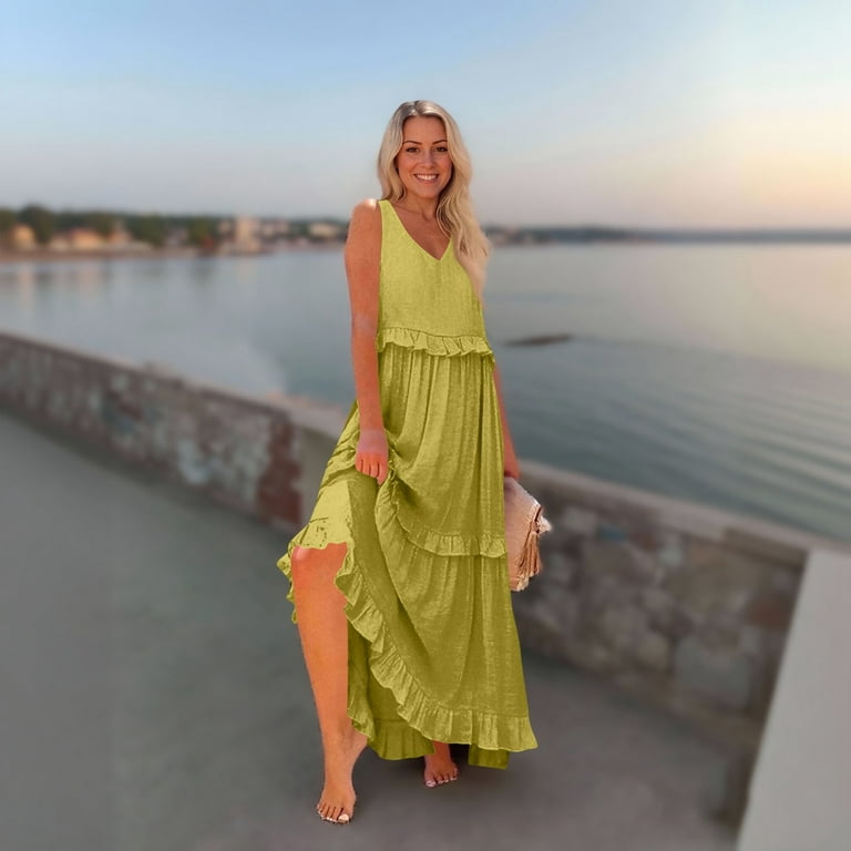 GXIPO Plus Size Boho Dresses for Curvy Women 2025 V Neck Sleeveless Tiered  Ruffle Flowy Maxi Dress with Pockets Yellow L - Walmart.com